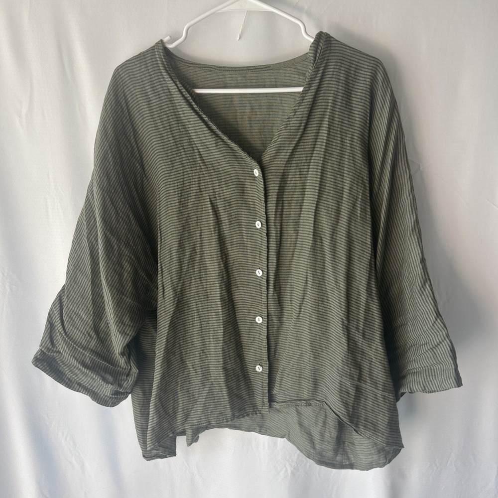 Linen  MADE IN ITALY  Top Green Striped One No Size 3/4 Sleeve LAGENLOOK